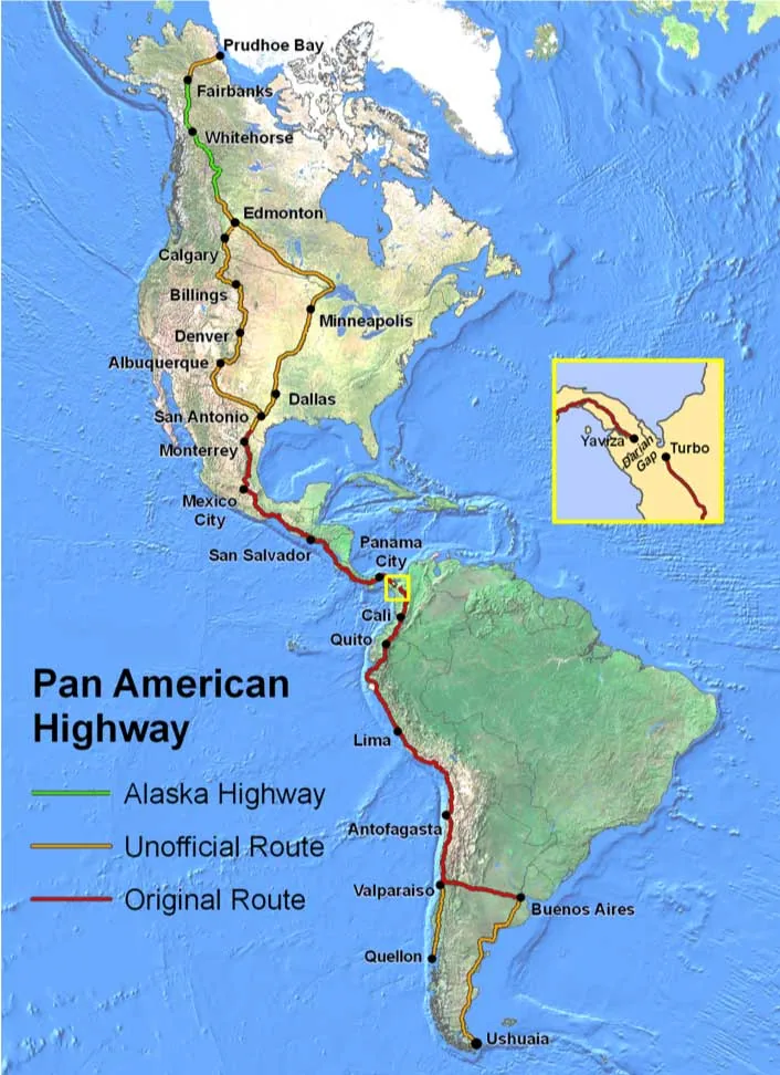 The Pan American Highway is only broken in Panama.