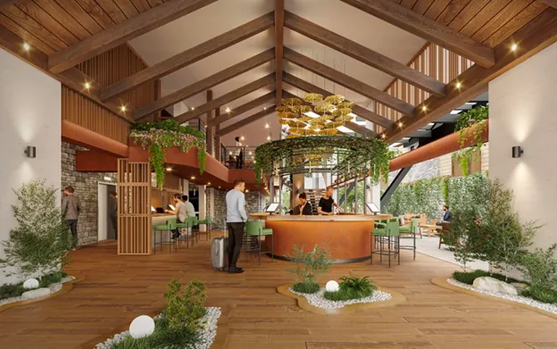 The Pinoalto project encourages community by offering communal workstations, hiking paths and social areas.