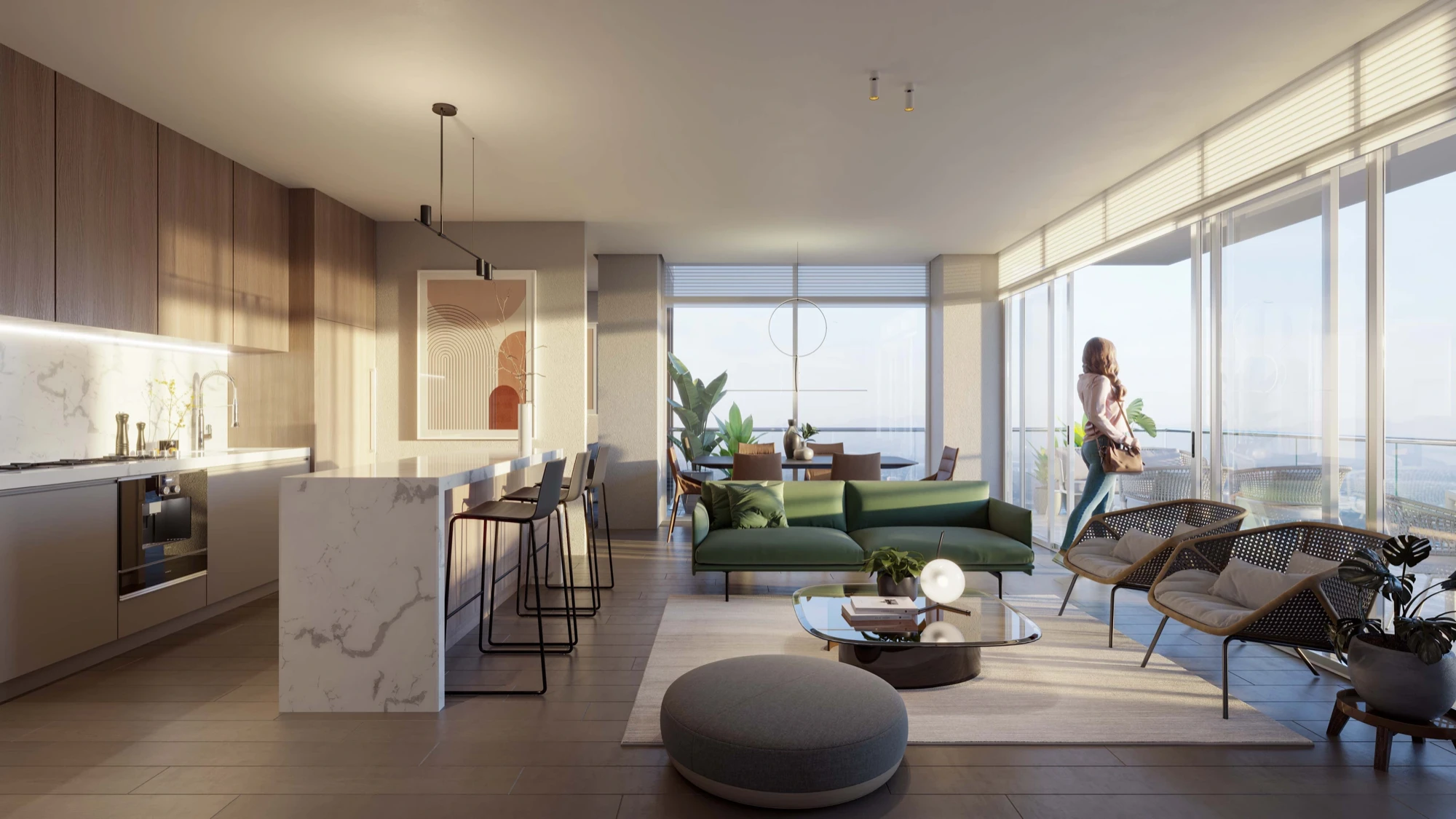 Nogal amenity deck at dusk with plunge pools, wood terrace, running track and the glazed gym and spa behind