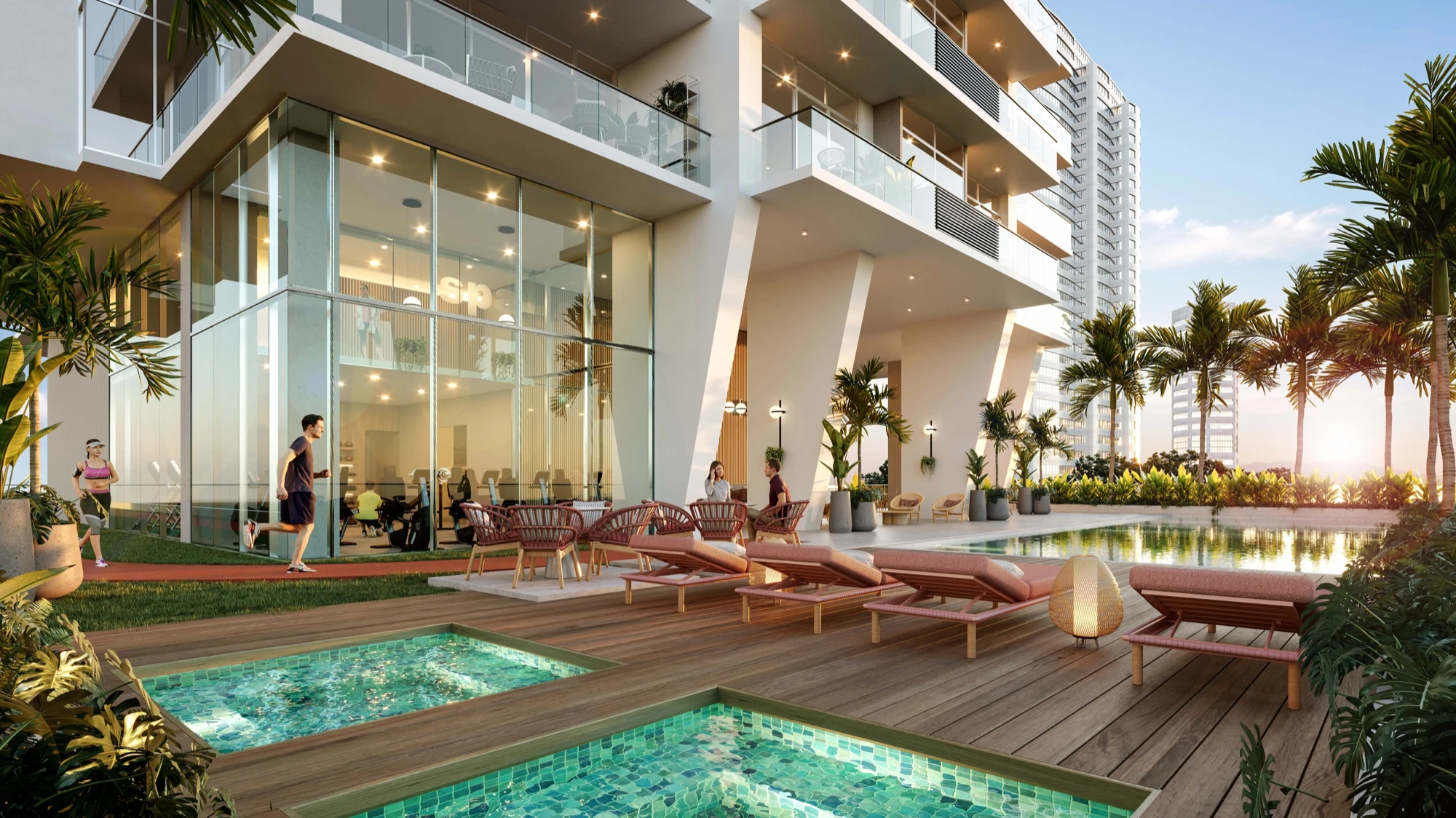 Nogal residence interior with open kitchen, marble island, living and dining areas and a full-height city view