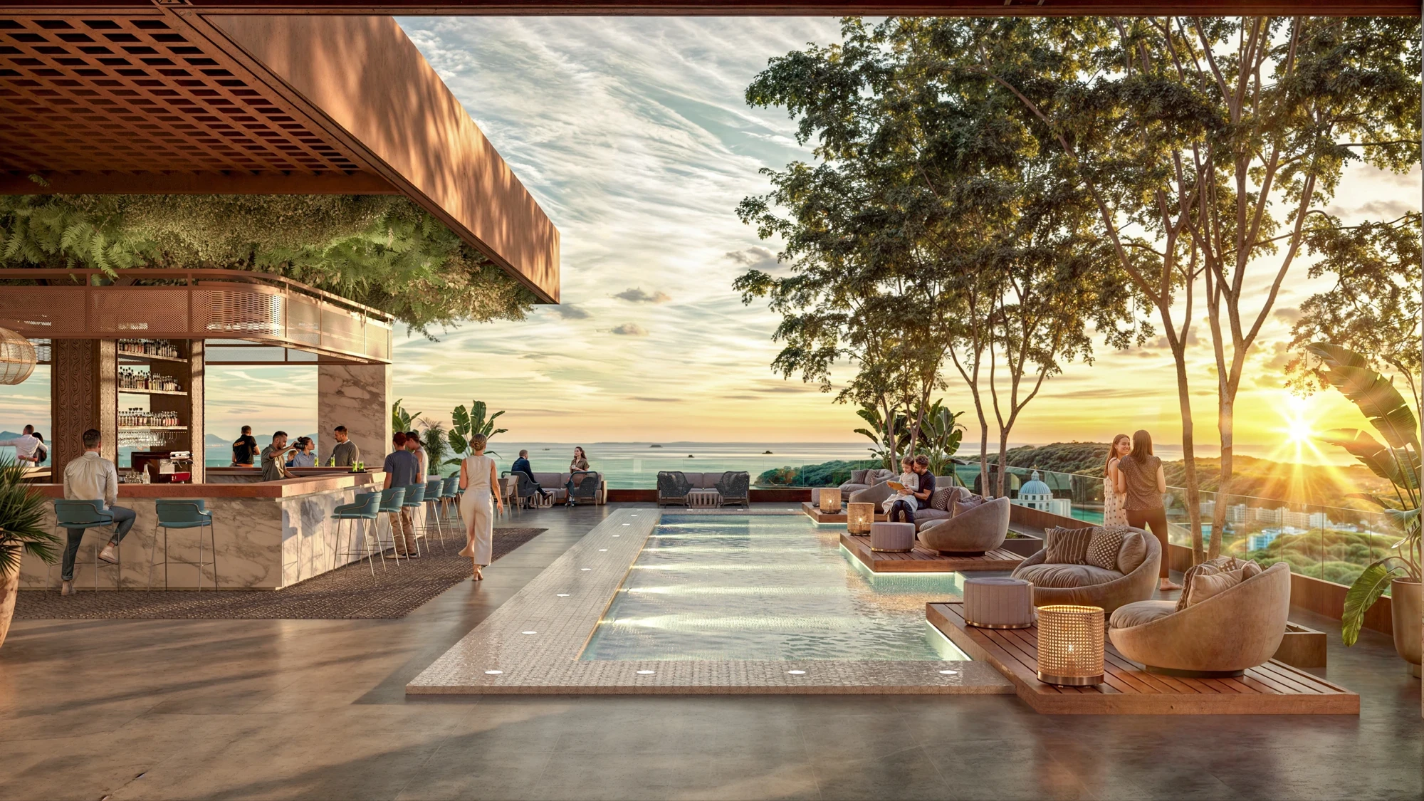 Westin Residences Playa Bonita rooftop bar and pool deck at sunset